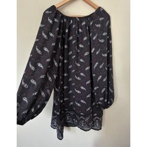 HM Paisley Boho Grunge Festival Tunic Top Balloon Sleeve Navy Red XXS Oversized